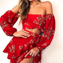 Sexy Red Print Women Dress Sets Long Sleeve Crop Top Skirt Evening Club Party Two Piece Set Dress UK Femme 2024 - buy cheap