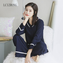 Conjunto de pijamas de algodão feminino, pijama de manga longa com decote em v, lingerie sexy de menina solta, confortável, 2 peças 2024 - compre barato