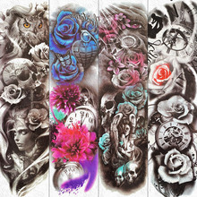FANRUI Watercolor Death Skull Angel Temporary Tattoo Sticker Full Arm Body Art Tatoos For Men Women 3D Flower Clock Fake Tattoos 2024 - buy cheap