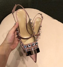 Pink Satin Crystal Metal Pointed Toe Slingback Shoes Med Heels Cut-out Ladies Pumps Fashion 2019 Shoes Pumps Women Dress 2024 - buy cheap