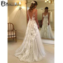 Vestidos de casamento de praia bonita 2021 com decote em v flores rendas vestido de noiva sem costas vestido de casamento de tule princesa 2024 - compre barato