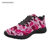 Twoheartsgirl mulher apartamentos sapatos cor-de-rosa estampas de camuflagem tênis respirável rendas até adolescentes sapatos confortáveis 2024 - compre barato