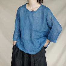Blusa holgada informal de lino y algodón para verano, camisa con cuello redondo y bolsillo, para mujer 2024 - compra barato