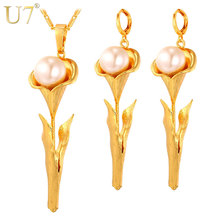 U7 Valentine's Day Rose Flower Simulated Pearl Jewelry Set Gold Color Earrings Necklace Set Lovers Gift S797 2024 - buy cheap