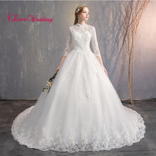 iLoveWedding High Neck 3D Lace Applique Custom made Three Quarter Long Sleeves Court Train Bridal Wedding Dresses 2024 - buy cheap