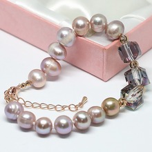 Pulsera de perlas naturales de 8-9mm para mujer, brazalete con cuentas redondas de cristal, color oro rosa, joyería B1405 2024 - compra barato