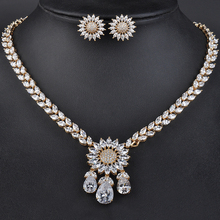 Luxury Gold Color Elegant Shape Bridal CZ Flower Pendant Necklace and Earrings Big Wedding Jewelry Sets For Brides GLN0133 2024 - buy cheap
