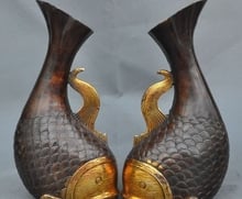 Marked Old Chinese Gilt Bronze Wealth Lucky Fish Statue Bottle Pot Jar Vase Pair 2024 - buy cheap