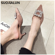 Med Heel Mules Sandals Women Shoes Pointed Toe Pumps Outdoor Crystal Casual Slides Female Sandals Big Size 36-41 2024 - buy cheap