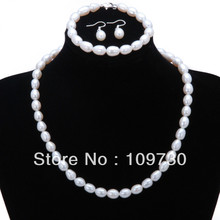 Jewelry 00550 White 6-7mm rice Pearls beads Necklace & Bracelet & earring Set 2024 - buy cheap