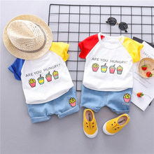 Verão do bebê meninos manga curta sorvete impressão camiseta topos + jeans shorts calças casuais crianças conjuntos de roupas 2pcs ternos 2024 - compre barato