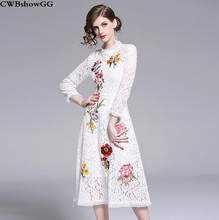 CWBshowGG-vestido de encaje ceñido con bordado calado para mujer, vestido midi coreano de moda con cuello redondo, novedad 2024 - compra barato