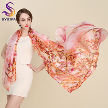 [BYSIFA] Winter Women Long Scarves 2016 New Floral Pattern Pink Pure Silk Scarf 200*110cm 100% Silk Summer Beach Scarves Shawl 2024 - buy cheap