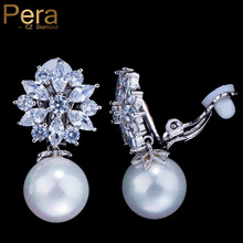 Pera New Fashion Korean Style Big Cubic Zirconia Flower Shape With Simulated Pearl Clip On Non Pierced Earrings For Women E385 2024 - buy cheap