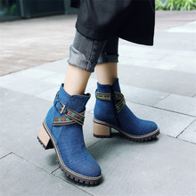 PXELENA Denim Ankle Boots Women Blue Ethnic Round Toe Square High Heels Short Boots Lady Shoes 2018 New Comfort Plus Size 34-43 2024 - buy cheap