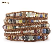 new style mixed natural stone wrap bracelets on natural brown leather 2024 - купить недорого