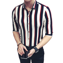 2020 New Cool Summer and Spring Men's Fashion Striped Boutique Elastic Casual Short-sleeved Shirts Male Shirts Three Quarter Men 2024 - buy cheap