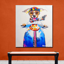 Paintings Wall Art 100% Handpainted lovely dog with bike on Canvas Modern Abstract Pictures Animal Oil Paintings for Home Decor 2022 - buy cheap