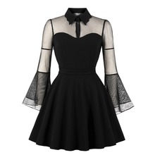 Women Punk Gothic Mini Dress Autumn Black Mesh Patchwork See-Through Flare Sleeve Draped Elegant Plus Size Party Short Dresses 2024 - buy cheap
