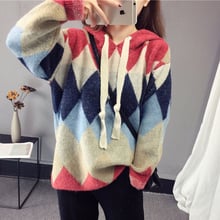 Fashion V-neck Knitted Sweaters Female Hooded Loose Patchwork Jumper Tops Spring Autumn Ladies Sweet Pullovers Sweater FP1416 2024 - buy cheap