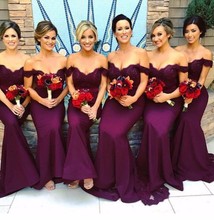 Burgundy 2019 new Mermaid Off the Shoulder Satin Lace Long Cheap Bridesmaid Dresses Wedding Party Dresses With Train plus size 2024 - buy cheap