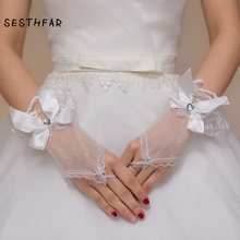SESTHFAR  Bridal Gloves Short White Tull bow Fingerless Wrist Length Gloves Wedding Accessories 2024 - buy cheap