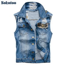 Sokotoo Men's casual camouflage patch design denim vest Male fashion slim holes ripped coat Tank top Free shipping 2024 - buy cheap