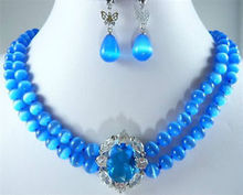 Pretty! conjunto de brincos colar de opala azul 8mm 2 fileiras 2024 - compre barato