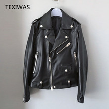 TEXIWAS-chaqueta de cuero genuino para mujer, abrigo de piel de oveja Real, cazadora de motociclista, abrigo corto negro 2024 - compra barato