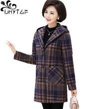 UHYTGF Fashion womens spring autumn jacket lattice loose 5XL plus size woolen coat Korean Casual Hooded wool outerwear tide 306 2024 - buy cheap