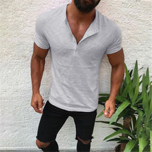 Мужская облегающая футболка Hirigin, повседневная облегающая футболка с v-образным вырезом и коротким рукавом, топы на пуговицах, 2019 2024 - купить недорого