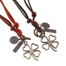 Fashion Trendy Long Brown Genuine Leather Sweater Chain Pendant Women Four Leaf Clover Necklaces For women Jewelry Accessories 2024 - buy cheap