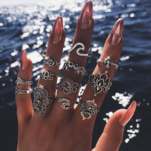 11 Pcs/set Elephant Hollow Lotus Wave Crystal Ring Set Antique Silver Color Crown Midi Knuckle Finger Rings Women Charm Jewelry 2024 - buy cheap