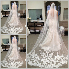 Hot Sale 2015 Fast Delivery Wedding Veils Long Elegent Veil With Lace Bridal Gown Veil Beauty Bride One Layer Long In Stock 2024 - купить недорого