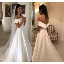 Charming Simple Garden Wedding Dresses 2019 Off Shoulder Ribbon Back With Button A Line Sweep Train Satin Bridal Gowns Cheap 2024 - buy cheap