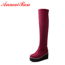 ANMAIRON Stretch Nubuck Black Red Blue Wedge Platform Women Thigh High Boot Long Winter Fashion Shoes Women Big Size 34-43 2024 - buy cheap