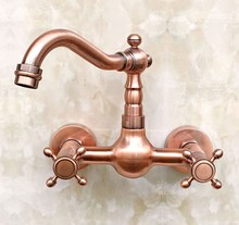 Antique Red Copper Brass Wall Mounted Dual Cross Handles Kitchen Sink Faucet Bathroom Basin Mixer Water Taps Swivel Spout mrg030 2024 - buy cheap