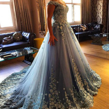 2018 Off the Shoulder Ball Gown Long Prom Gowns Gorgeous Blue Flowers Formal Evening Wear Party Dress Vestido de festa Custom 2024 - buy cheap