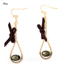 Hot Women Handmade Green Natural Stone Dro Earrings Vintage Gold Brown Suede Bowknot Dang Earrings Christmas Gift 2024 - buy cheap