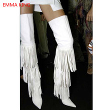 Autumn Winter White Fringe Thigh High Boots For Women Side Zipper Pointed Toe Thin High Heels Shoes Woman Over Knee Long Boots 2024 - buy cheap