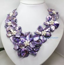 YH@CS >>white pearl purple mother of pearl shell flower handmade necklace 18" jewelry 2024 - buy cheap