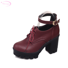 Chainingyee leisure style comfortable round toe pumps fashion lace-up platform high heels women's shoes big size 22~26.5cm 2024 - buy cheap