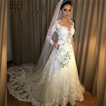 Vestido de noiva linha com renda, sensual, manga longa transparente, casamento 2020 2024 - compre barato