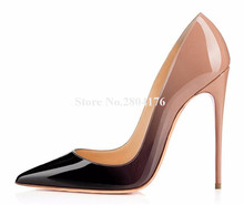 Sapatos de salto alto estilo marca feminino, sapatos bico fino couro envernizado estilo stiletto com gradiente 12cm 2024 - compre barato