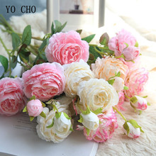 Iocho flores artificiais de rosas, 3 cabeças de peônias brancas, flores de seda vermelha, rosa, azul, flores falsas, decoração de buquê de casamento para casa peônia 2024 - compre barato