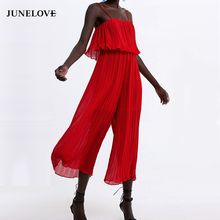 JuneLove Women Vintage Stylish Solid Straps Jumpsuits Sleeveless Backless Ruffle Pleated Chiffon Playsuits Casual Lady Rompers 2024 - buy cheap