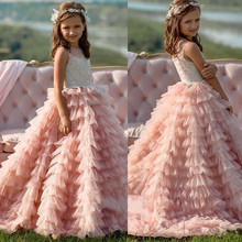 Vestido da menina da flor de glitz em camadas tule vestido de princesa apliques de renda trem varredura feito sob encomenda meninas primeiro comunhão vestido 2024 - compre barato