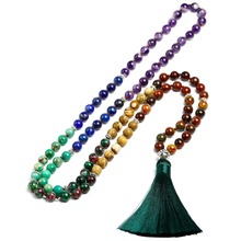 Colar chakra mala com 108 contas, colar longo de pedra natural com borla, colar feminino com nó para ioga 2024 - compre barato