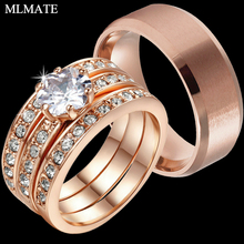 AAA циркон для женщин розовое золото цвет обручальные кольца наборы, мужские кольца из нержавеющей стали пара подарочных ювелирных изделий 2024 - купить недорого