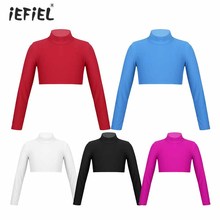 Ropa de gimnasia para niños y niñas, Tops con estilo, Top de manga larga de Color sólido, Top corto de cuello alto para actuación de baile 2024 - compra barato